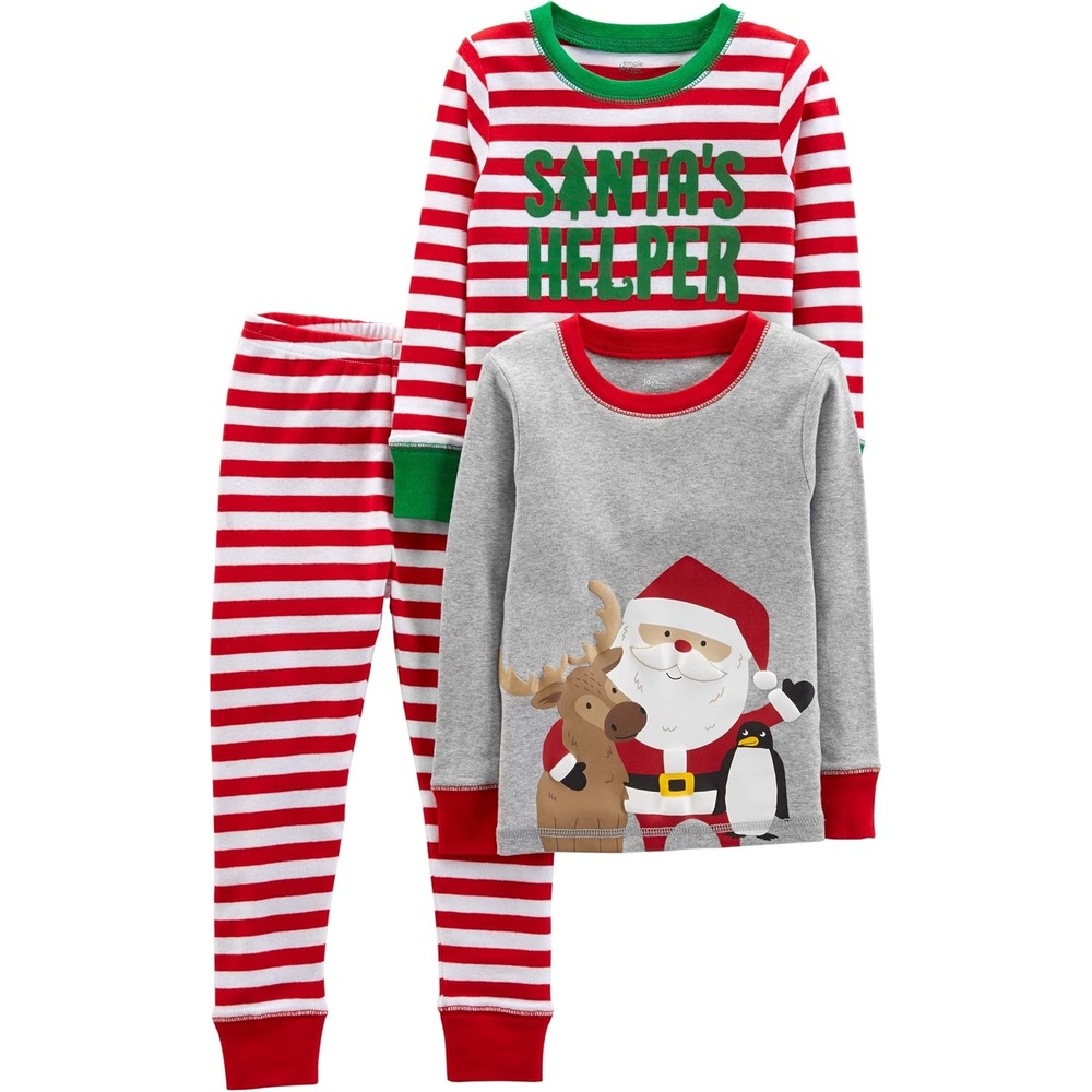 image:imageSimple Joys by Carters Baby 3Piece Snugfit Cotton Holiday Pajama SetGrey SantaRed Stripe