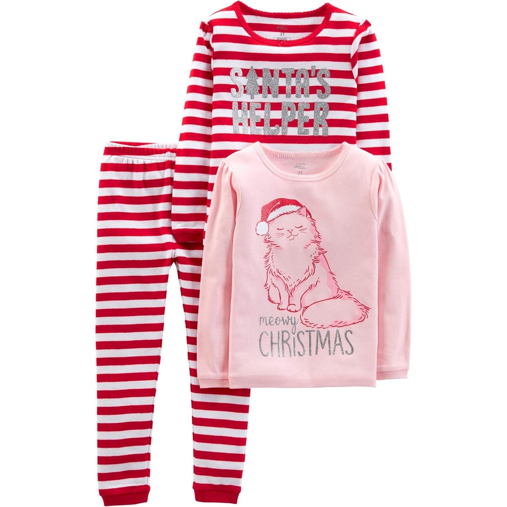 image:imageSimple Joys by Carters Baby 3Piece Snugfit Cotton Holiday Pajama SetPink CatRed Stripe