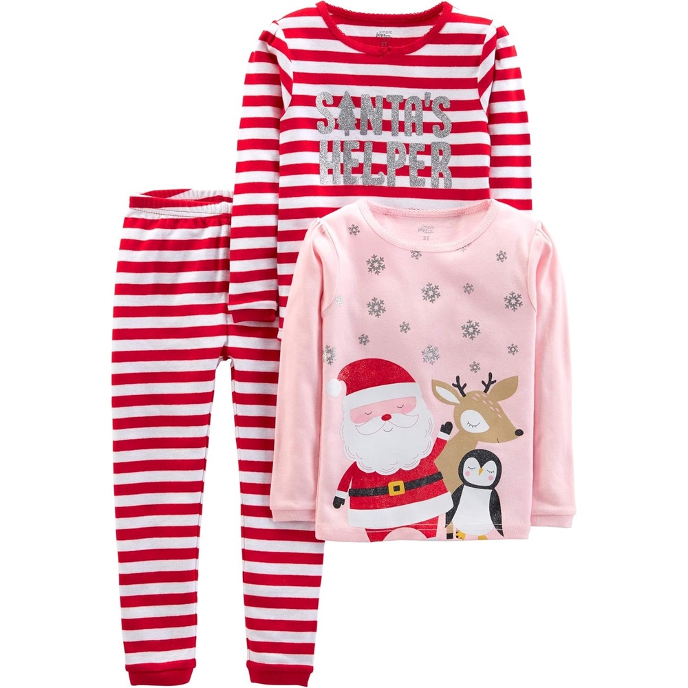 image:imageSimple Joys by Carters Baby 3Piece Snugfit Cotton Holiday Pajama SetPink SantaRed Stripe