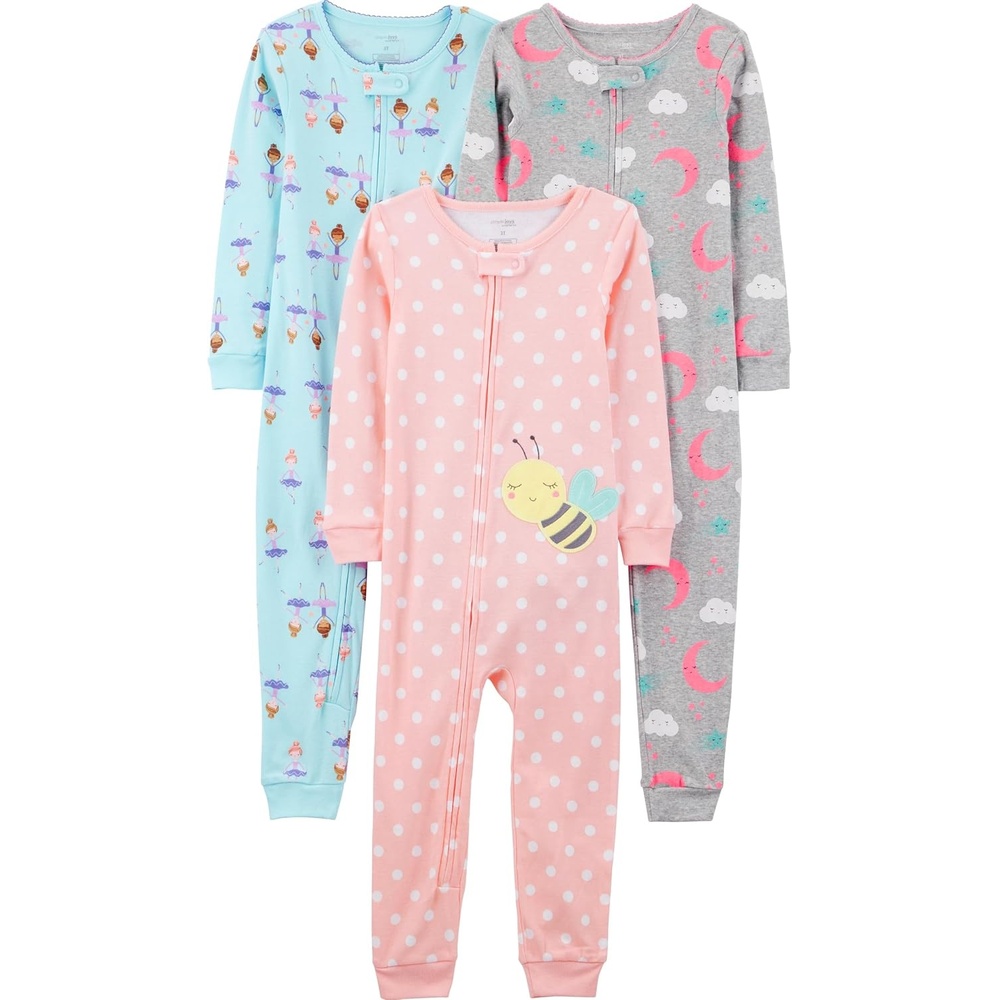 image:imageSimple Joys by Carters Babys 3 pack Snug Fit Footless Cotton PajamasBallerinaMoonBee