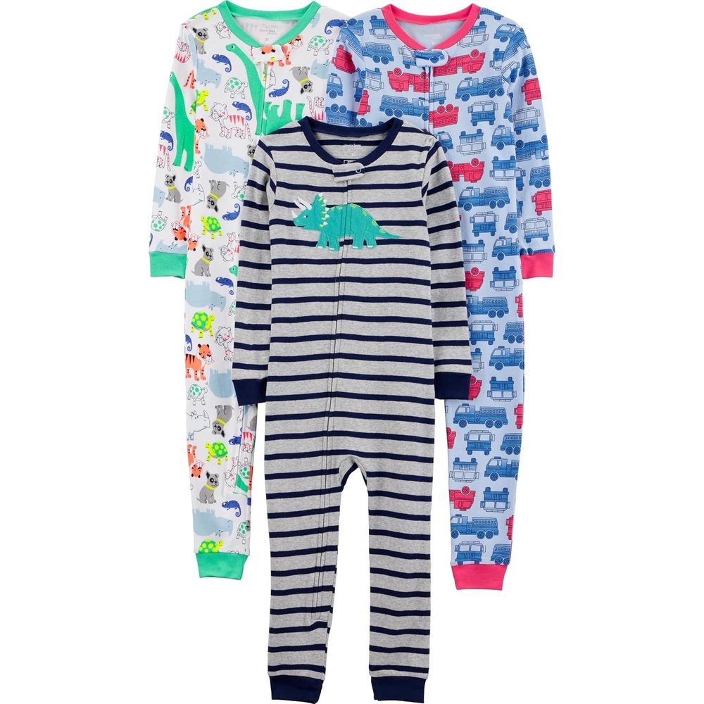 image:imageSimple Joys by Carters Babys 3 pack Snug Fit Footless Cotton PajamasBlue FiretruckGrey StripeWhite Dinosaur