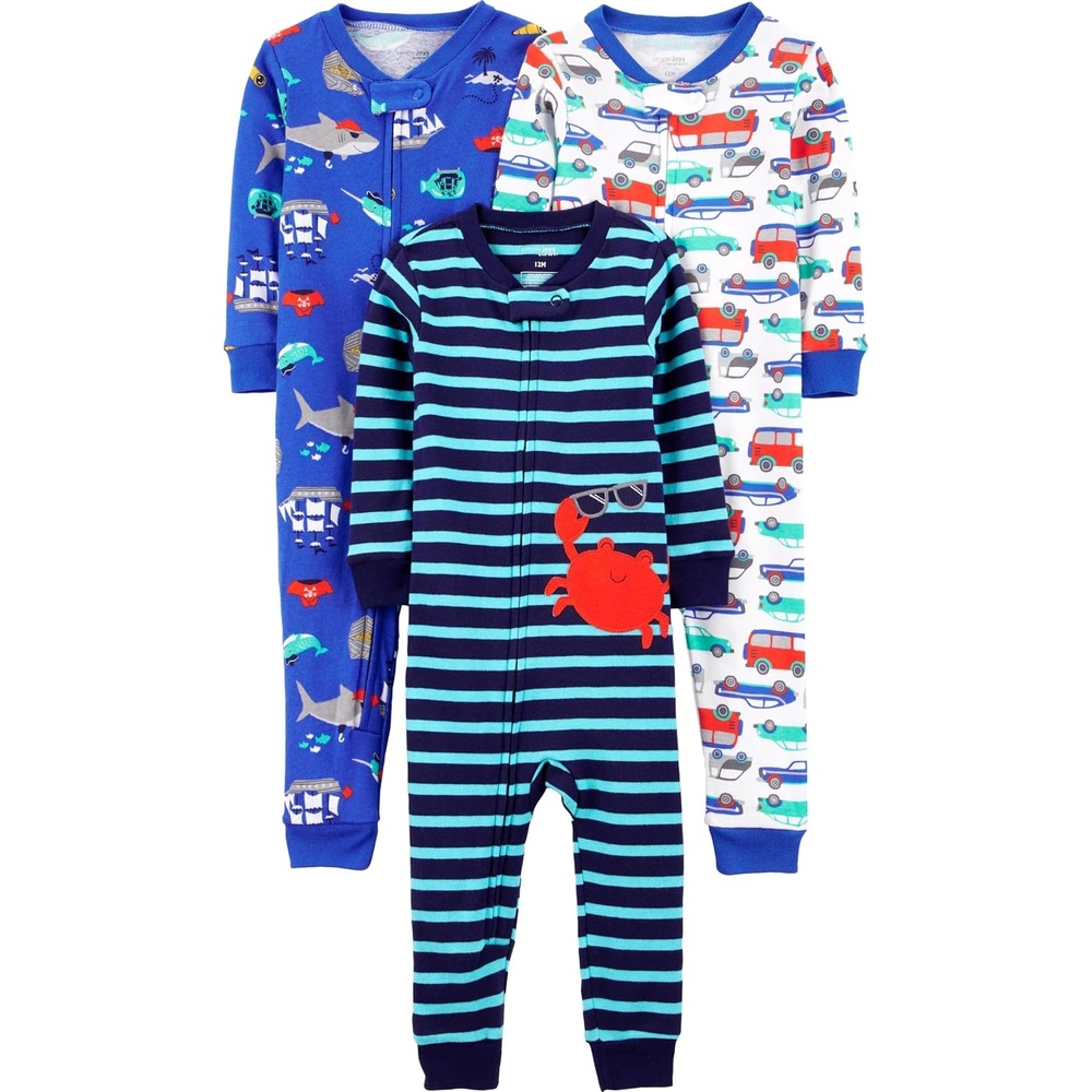 image:imageSimple Joys by Carters Babys 3 pack Snug Fit Footless Cotton PajamasBlue Sea LifeNavy StripeWhite Cars