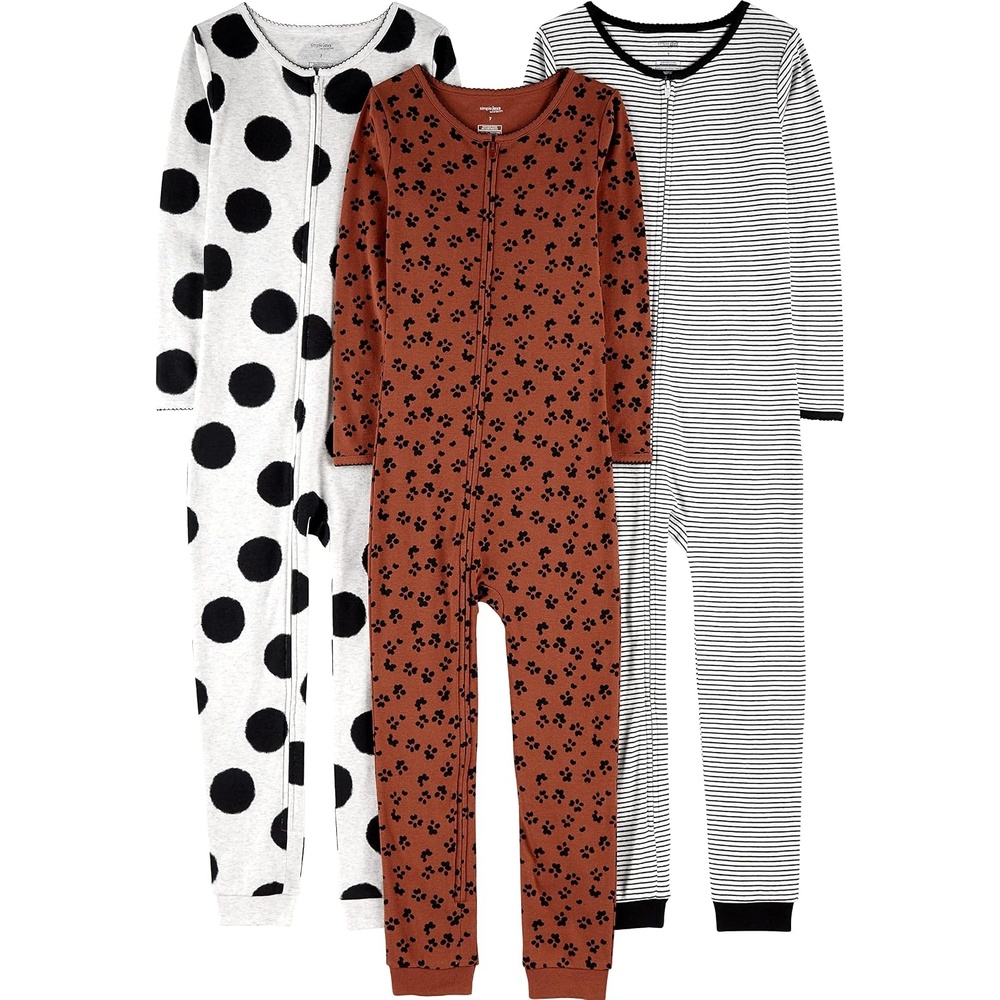 image:imageSimple Joys by Carters Babys 3 pack Snug Fit Footless Cotton PajamasBrown Animal PrintGrey Polka DotWhite Stripe