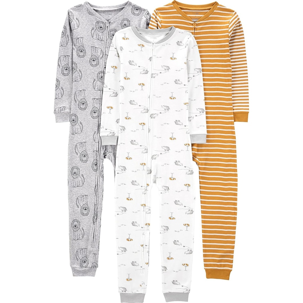 image:imageSimple Joys by Carters Babys 3 pack Snug Fit Footless Cotton PajamasGold StripeGrey LionWhite Animal