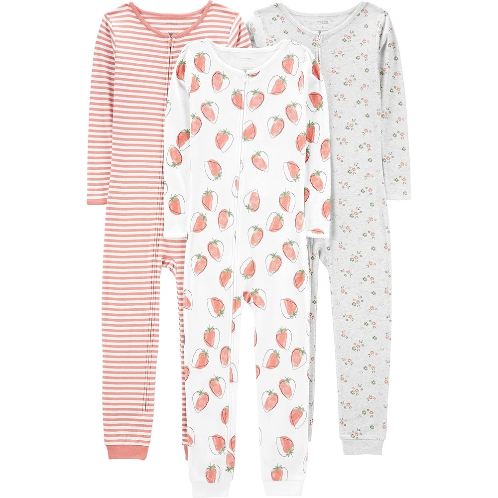 image:imageSimple Joys by Carters Babys 3 pack Snug Fit Footless Cotton PajamasGrey FloralPink StripeWhite Strawberry