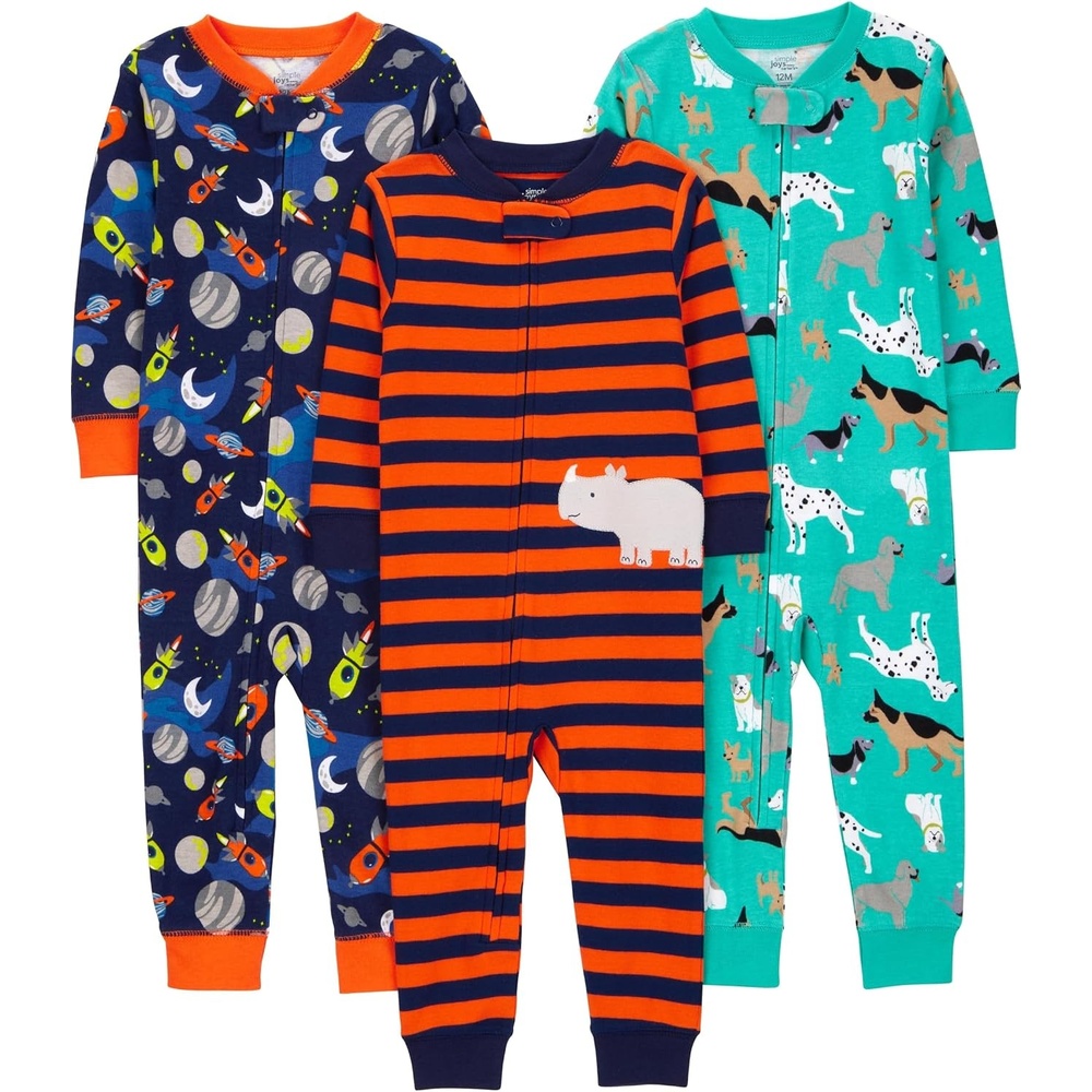 image:imageSimple Joys by Carters Babys 3 pack Snug Fit Footless Cotton PajamasNavy SpaceRust StripeTurquoise Green Dogs