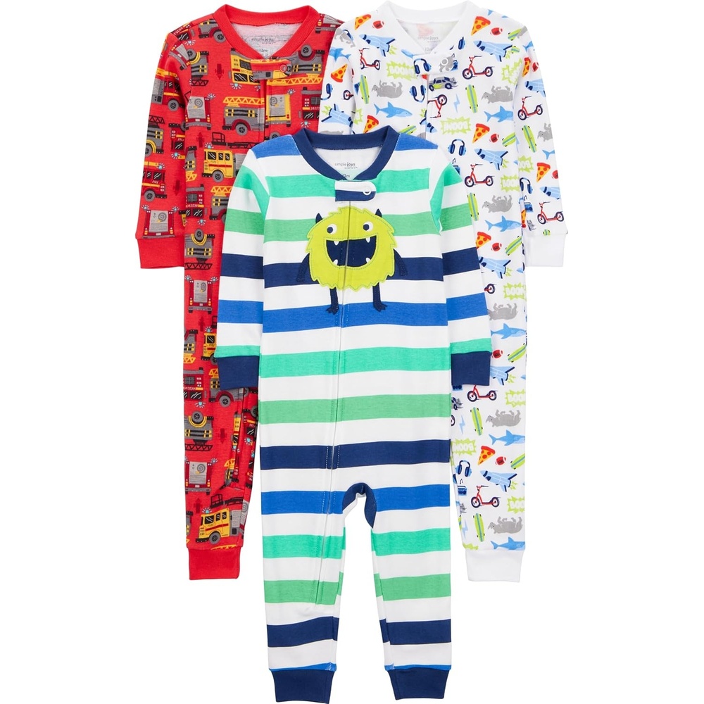 image:imageSimple Joys by Carters Babys 3 pack Snug Fit Footless Cotton PajamasRed FiretruckWhite MonsterSharks