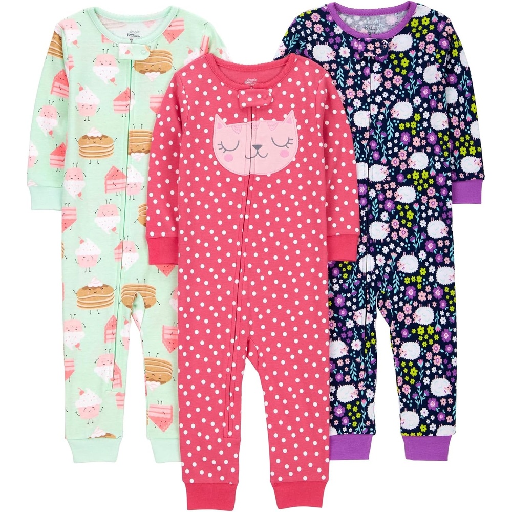 image:imageSimple Joys by Carters Babys 3 pack Snug Fit Footless Cotton PajamasSweetsFloralKitty