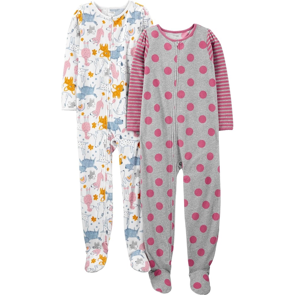 image:imageSimple Joys by Carters Girls 2Pack Loosefit Fleece Footed PajamasGrey Polka DotWhite Dogs