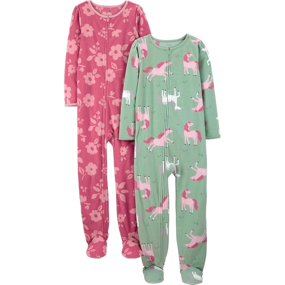 image:imageSimple Joys by Carters Girls 2Pack Loosefit Fleece Footed PajamasMint Green HorsesRaspberry Red Floral