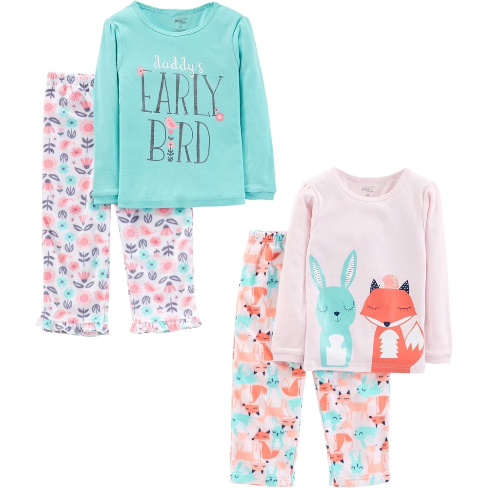 image:imageSimple Joys by Carters Girls 4piece Polyester PajamasBlue Text PrintLight Pink FloralPink Forest Animals