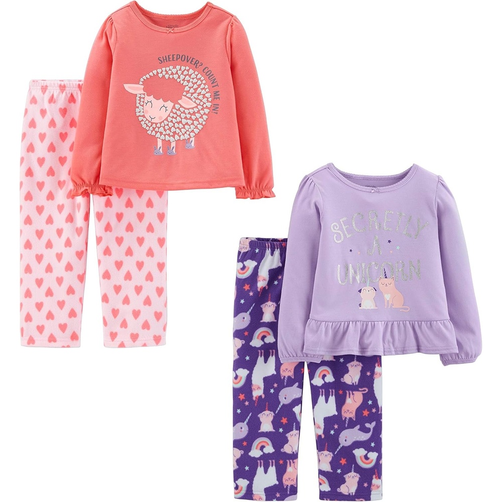 image:imageSimple Joys by Carters Girls 4piece Polyester PajamasHeartsSheepText PrintUnicorn