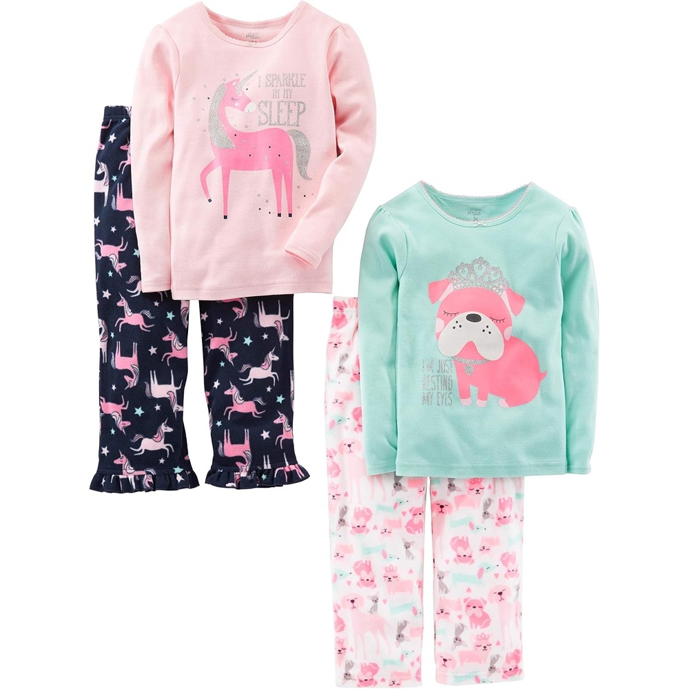 image:imageSimple Joys by Carters Girls 4piece Polyester PajamasMint Green PuppyNavyPink UnicornWhite Dogs