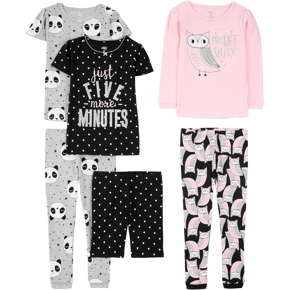 image:imageSimple Joys by Carters Girls 6piece Snug Fit Cotton Pajama SetBlack DotsGrey PandaPink Owl