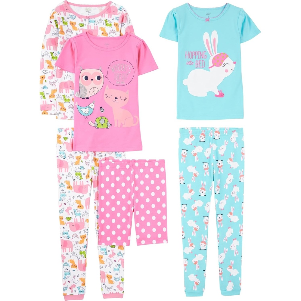 image:imageSimple Joys by Carters Girls 6piece Snug Fit Cotton Pajama SetBlue BunnyPink DotsWhite Forest Animals
