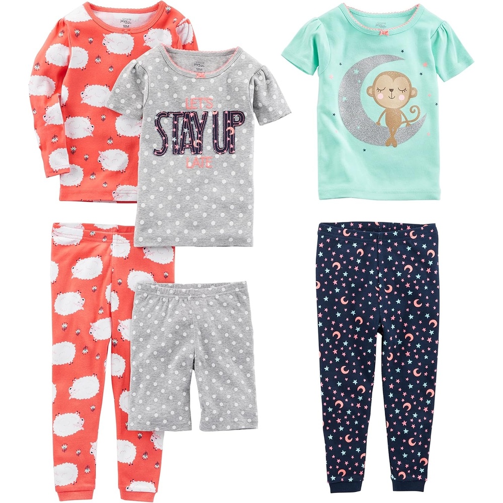 image:imageSimple Joys by Carters Girls 6piece Snug Fit Cotton Pajama SetCoral Orange SheepGreen MonkeyGrey DotsNavy Stars