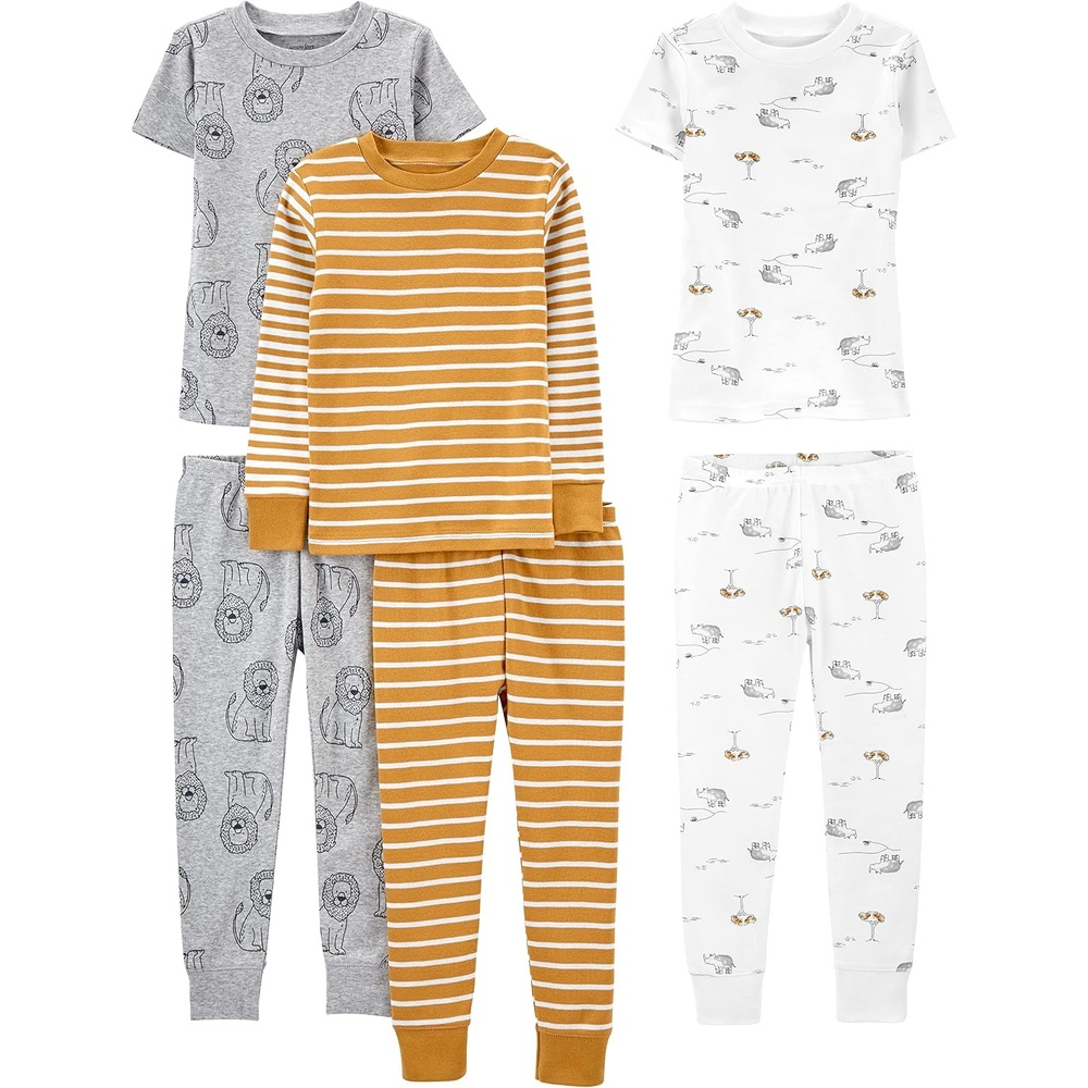 image:imageSimple Joys by Carters Girls 6piece Snug Fit Cotton Pajama SetGold StripeGrey LionWhite Animal