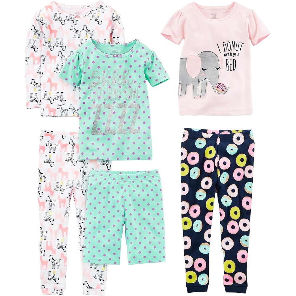 image:imageSimple Joys by Carters Girls 6piece Snug Fit Cotton Pajama SetGreen DotsNavy DonutPink ElephantWhite Zebra