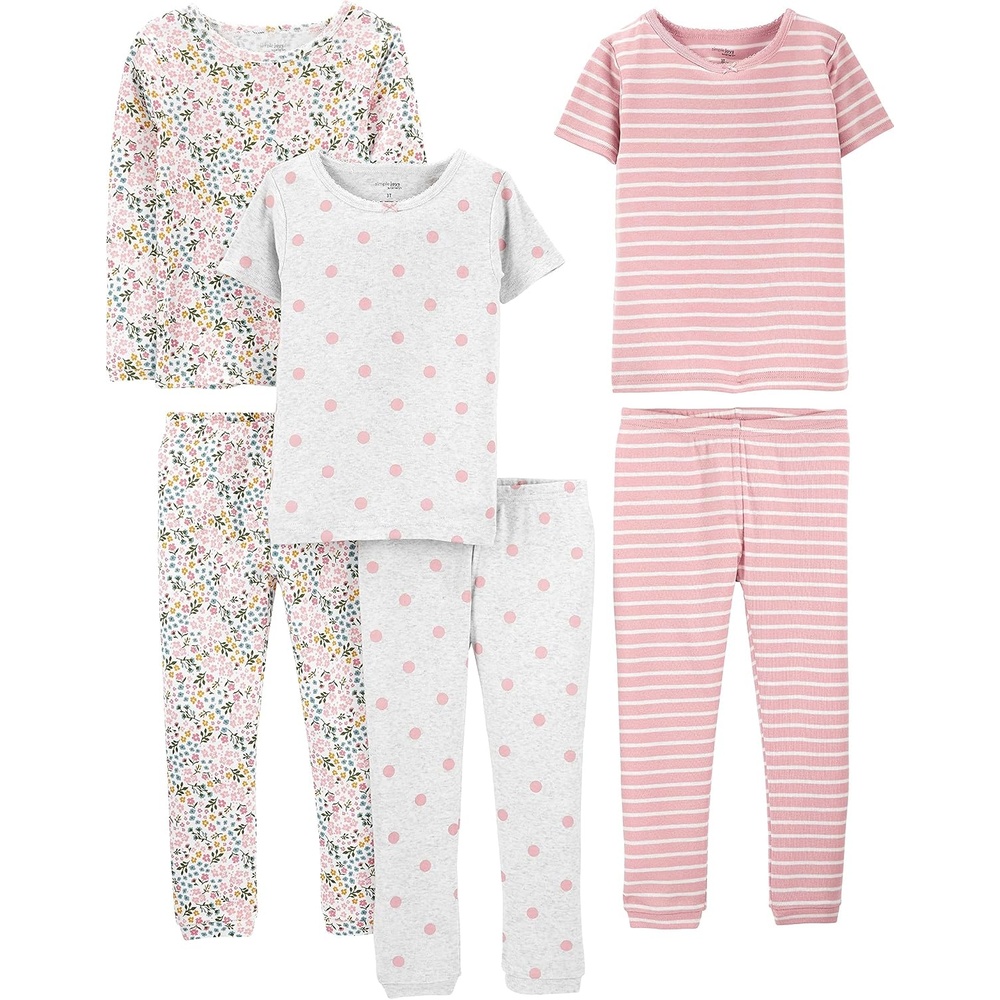 image:imageSimple Joys by Carters Girls 6piece Snug Fit Cotton Pajama SetGrey DotsPink StripeWhite Ditsy Floral