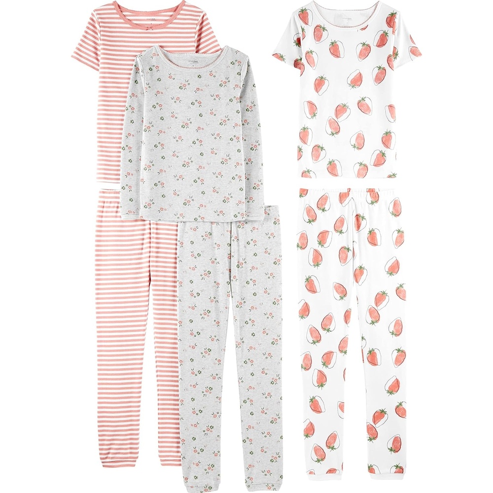 image:imageSimple Joys by Carters Girls 6piece Snug Fit Cotton Pajama SetGrey FloralPink StripeWhite Strawberry