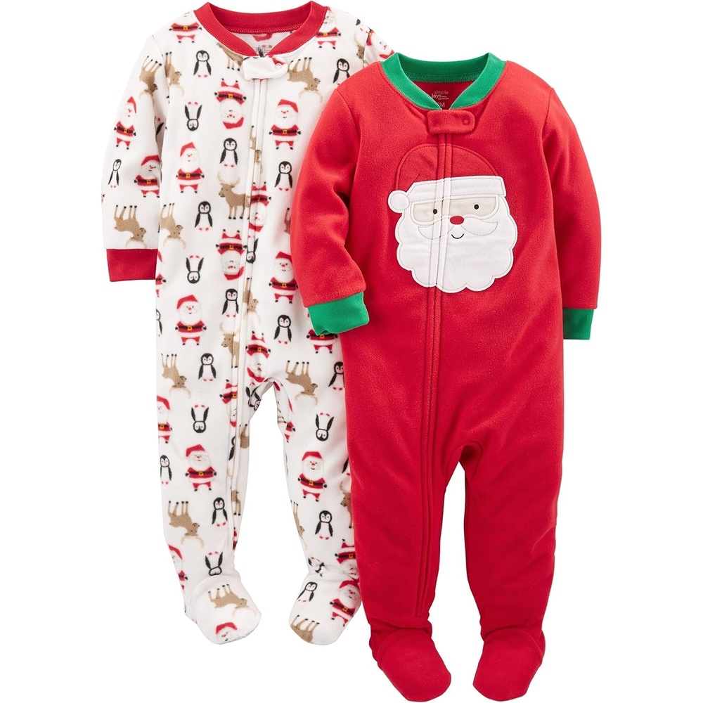 image:imageSimple Joys by Carters Unisex Child Holiday Loosefit Flame Resistant Fleece Footed PajamasIvory Christmas PrintRed Santa
