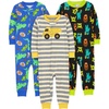 Simple Joys by Carter’s Babys’ 3 pack Snug Fit Footless Cotton Pajamas(Black Monster/Blue Dinosaur/Grey Stripe)