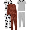 Simple Joys by Carter’s Girls 6-piece Snug Fit Cotton Pajama Set(Brown Animal Print/Grey Polka Dot/White Stripe)