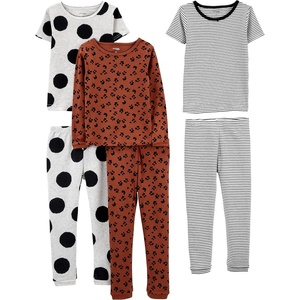 Simple Joys by Carter’s Girls 6-piece Snug Fit Cotton Pajama Set(Brown Animal Print/Grey Polka Dot/White Stripe)