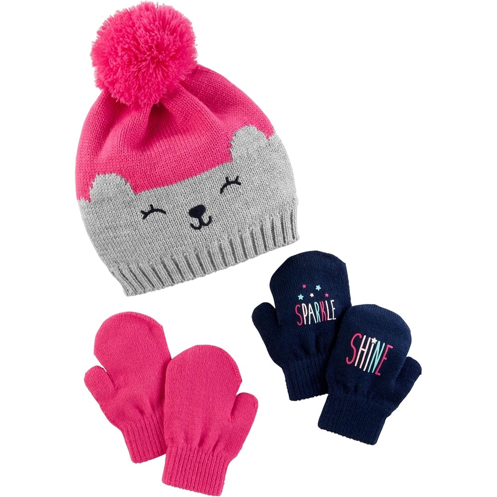 image:imageSimple Joys by Carters Baby Hat and Mitten SetNavyPink Bear