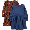 Simple Joys by Carter’s Girls 2-Pack Long-Sleeve Dress Set(Brown Cheetah/Dark Denim)