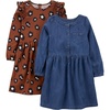Simple Joys by Carter’s Girls 2-Pack Long-Sleeve Dress Set(Brown Cheetah/Dark Denim)