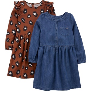 Simple Joys by Carter’s Girls 2-Pack Long-Sleeve Dress Set(Brown Cheetah/Dark Denim)